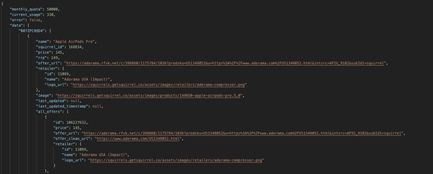 Squirrel API response example